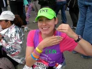 Me with my "medal" after running the Nike Women's Half-marathon. Through the hills of San Francisco, CA - oof!